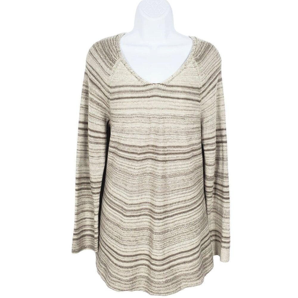 Style & Co V-Neck Striped Tunic Sweater Tan Beige Womens Medium Fall Long Sleeve